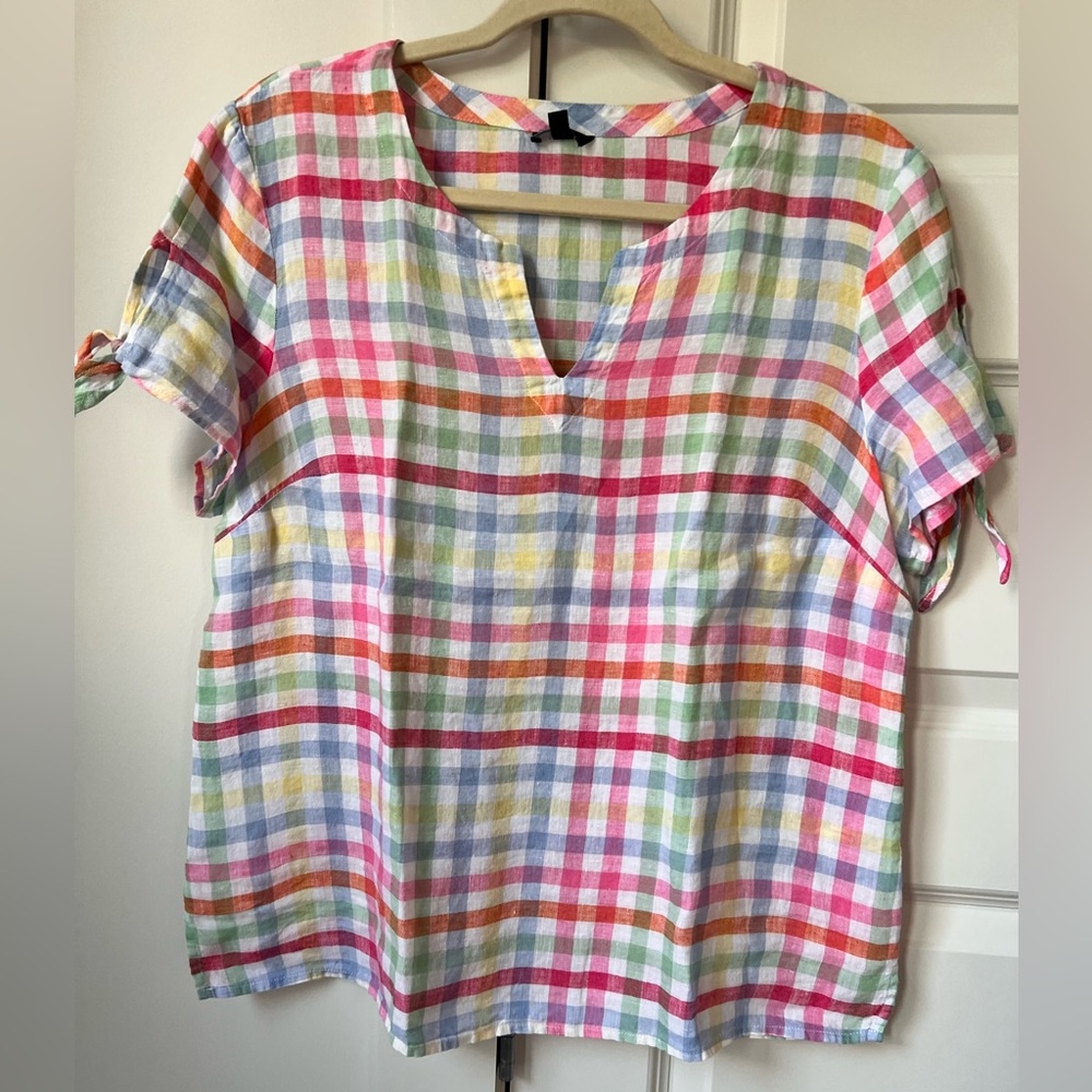 Talbots Multicolor Gingham Linen Blouse LP Petite